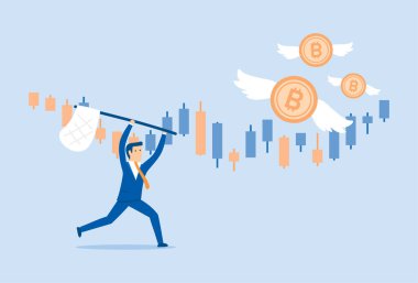 Businessman uses a butterfly net to catch bitcoin stock market clipart