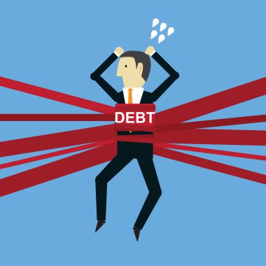 Businessman with debts wrapped around him