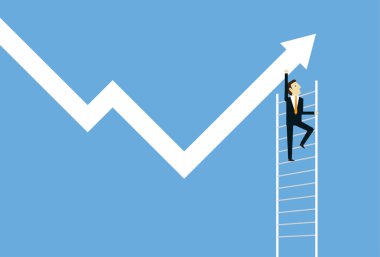 Businessman climbs the stairs pushing the graph higher