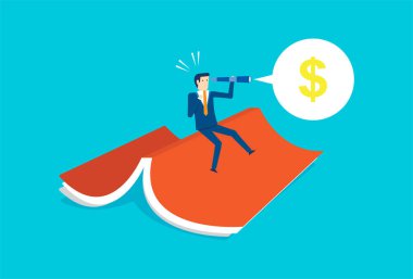 Büyük bir kitabın üzerinde oturan iş adamı.