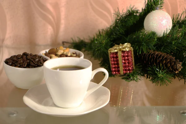 Cup Coffee Table Background New Year Decor Cup Coffee Christmas — Stock Photo, Image