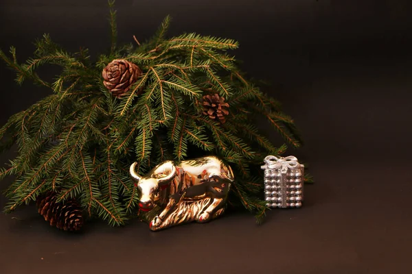 Býk Jako Symbol Nového Roku Vánoc 2021 Černém Pozadí Vánočního — Stock fotografie