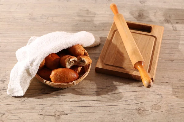 Healthy Food Pies Basket Glass Milk Wooden Table Baking Supplies — Stock Photo, Image