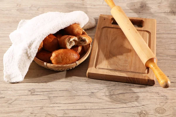 Healthy Food Pies Basket Glass Milk Wooden Table Baking Supplies — Stock Photo, Image