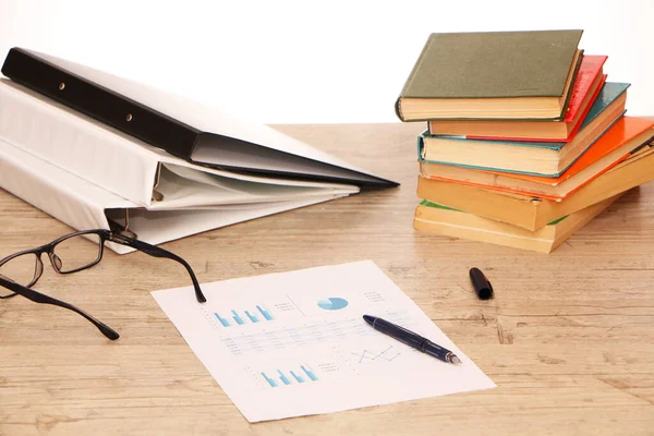 Mesa Biblioteca Pastas Com Documentos Materiais Pesquisa Para Preparar Relatório — Fotografia de Stock