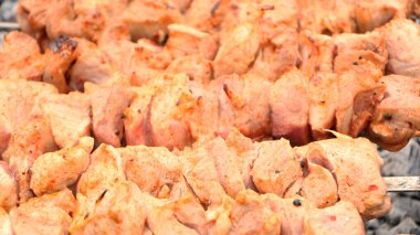 Yeşil arka planda ızgarada et kebabı. Yaz tatili ve geleneksel barbekü pikniği. Izgara et shashlik..