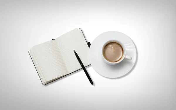 Concept - Coffee cup with note book on table — Stock Photo, Image