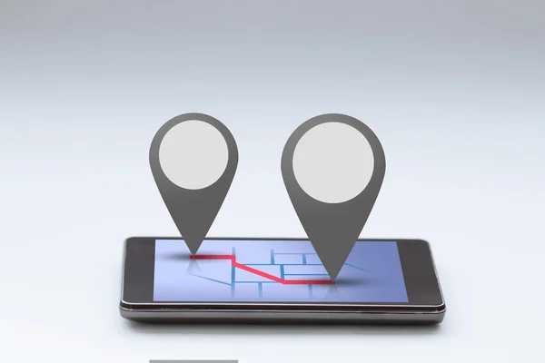 Smartphone with map and pin bar — Stock Photo, Image