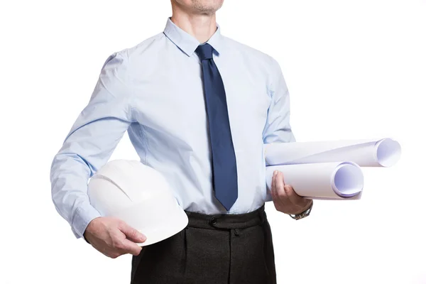 Beyaz izole çizimleri ile beyaz bir kask içinde adam