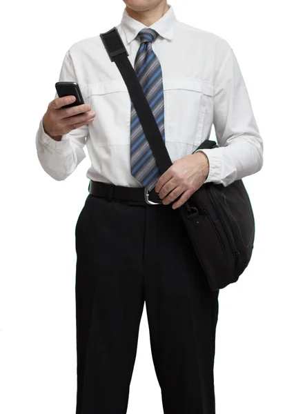 Businesswoman with phone and poltfelem — Stock Photo, Image