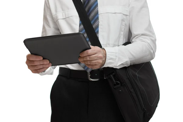 Businessman with tie holding a briefcase and tablet pc — Stock Photo, Image