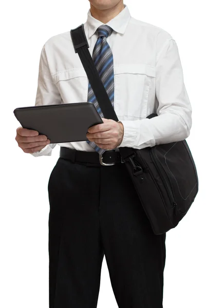 Businessman with tie holding a briefcase and tablet pc — Stock Photo, Image