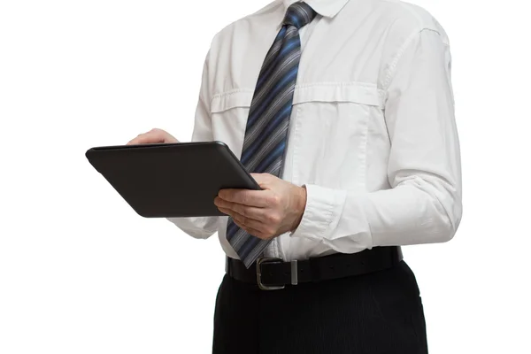 Homem de negócios em camisa branca com um tablet — Fotografia de Stock