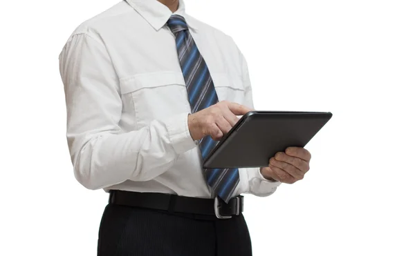 Hombre de negocios en camisa blanca con una tableta — Foto de Stock