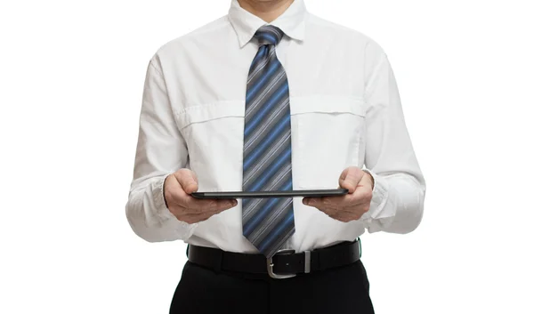 Businessman in white shirt with a tablet — Stock Photo, Image