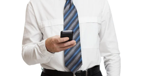 Businessman in white shirt with a smartphone — Stock Photo, Image