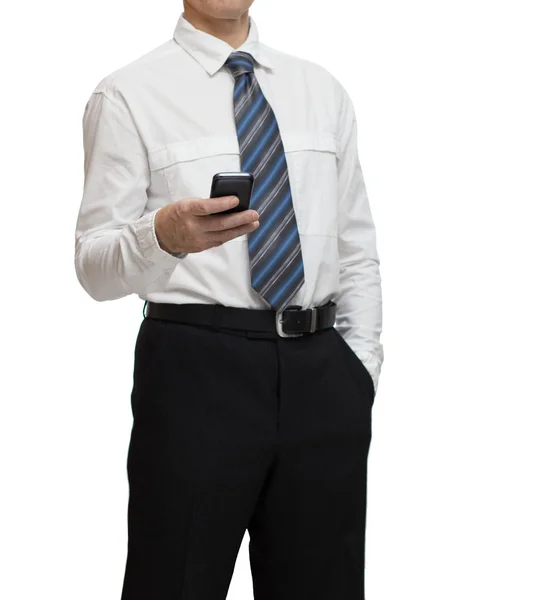 Businessman in white shirt with a smartphone — Stock Photo, Image