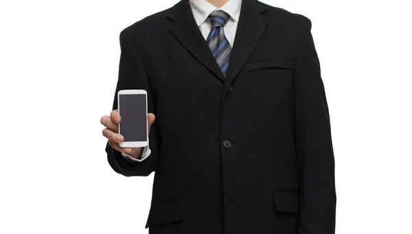 Бізнесмен у костюмі зі смартфоном — стокове фото
