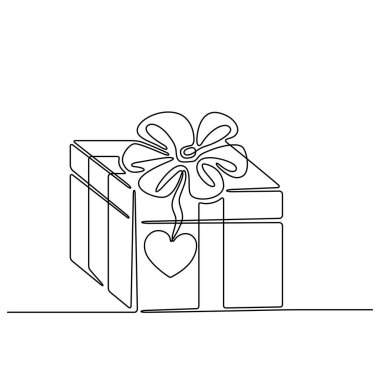 Devamlı çizgi çizimi. Hediye kutusu. Beyaz arka planda siyah izole edilmiş. El çizimi vektör illüstrasyonu. 