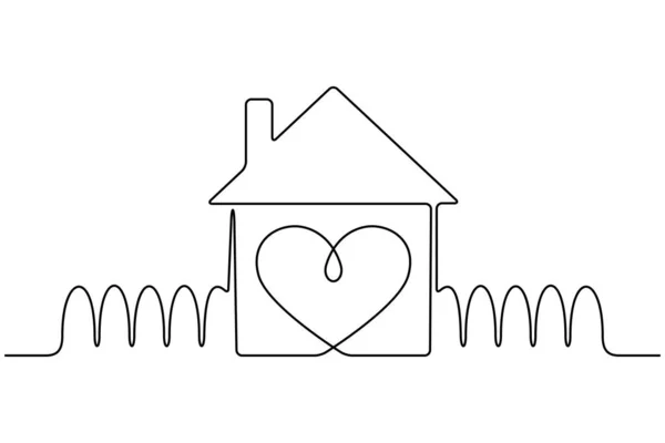 Desenho Linha Contínua Casa Com Coração Símbolo Amor Preto Isolado — Vetor de Stock