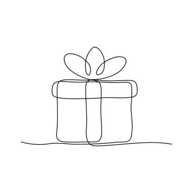 Devamlı çizgi çizimi. Fiyonklu hediye kutusu. Tatil sürprizi. Beyaz arka planda siyah izole edilmiş. El çizimi vektör illüstrasyonu.