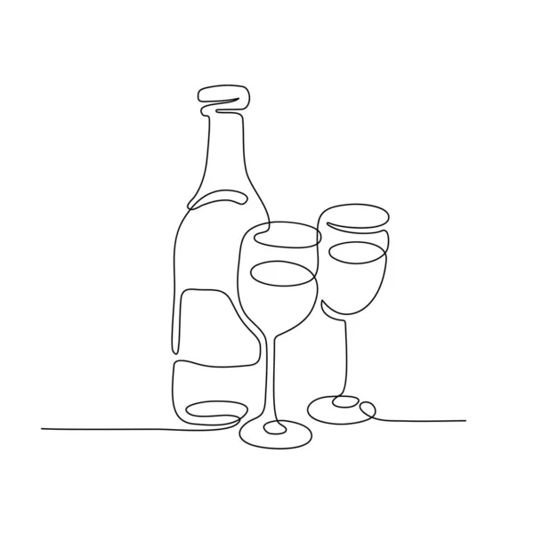Kontinuerlig Ritning Flaska Och Två Glas Alkoholdrycker Svart Isolerad Vit — Stock vektor