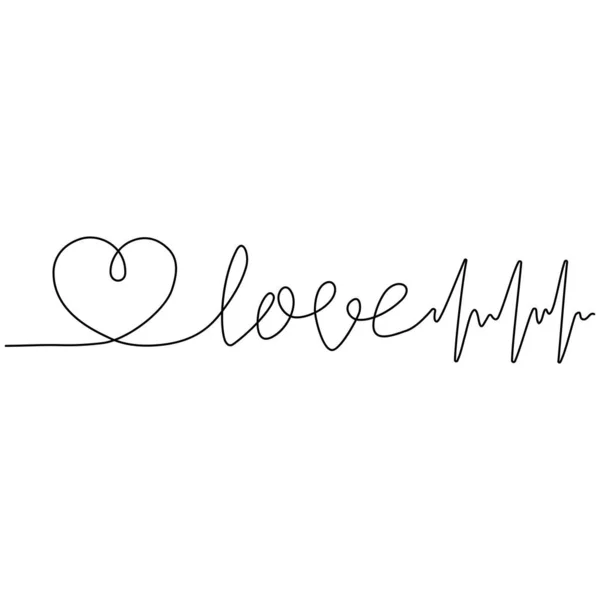 Ciągły Rysunek Linii Serce Serce Kardiogram Słowo Miłość Czarny Odizolowany — Wektor stockowy