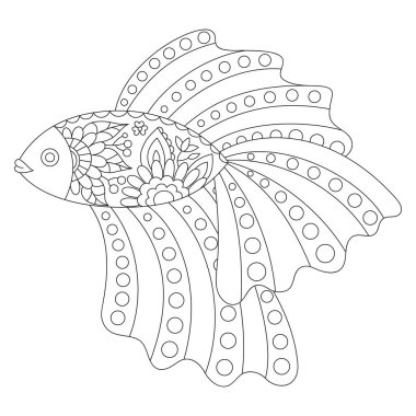 Yetişkin boyama kitabı için süslemeli balık. Tasarım ögesi beyaz arkaplanda izole edildi. Çiçek desenli çizgi film balığı. Stres önleyici renk sayfası için. Zentangle biçiminde vektör illüstrasyonu.