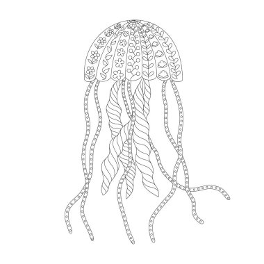 Yetişkin boyama kitabı için dekore edilmiş denizanası. Tasarım ögesi beyaz arkaplanda izole edildi. Çiçek desenli karikatür, stres önleyici renklendirme sayfası için. Zentangle biçiminde vektör illüstrasyonu.