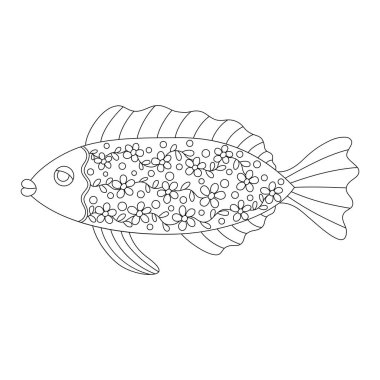 Yetişkin boyama kitabı için süslemeli balık. Tasarım ögesi beyaz arkaplanda izole edildi. Çiçek desenli çizgi film balığı. Stres önleyici renk sayfası için. Zentangle biçiminde vektör illüstrasyonu.