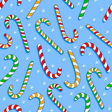 Renkli baston şekerlerle kusursuz desen. Yılbaşı şekerleri ve kar taneleriyle sonu gelmez bir tasarım. Açık mavi arka planda parlak şenlikli lolipoplar. Geleneksel Noel Tatlıları vektör illüstrasyonu.