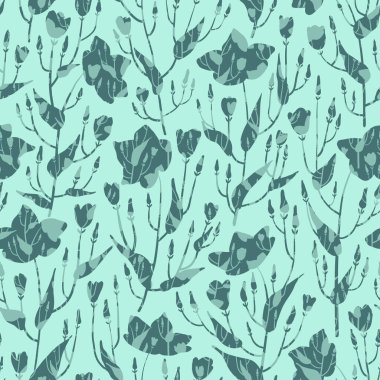 Kusursuz bir manolya çiçeği deseni. Çiçek açmış bitkilerin siluetleriyle sonsuz bir süs. Kumaş, tekstil, duvar kağıdı ve ambalaj kağıdı için soyut çiçek tasarımı. Vektör illüstrasyonu.