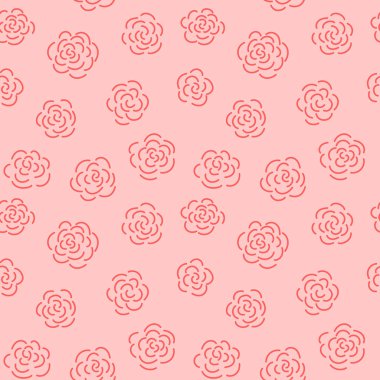 Soyut renkli, pürüzsüz desen. Basit tekrarlanan illüstrasyon. Güllerle doğrusal çizim. Mercan zemininde kırmızı çizgiler var. Ambalaj kağıdı, tekstil, duvar kağıdı, kumaş için sonsuz dokuyu yönlendir.