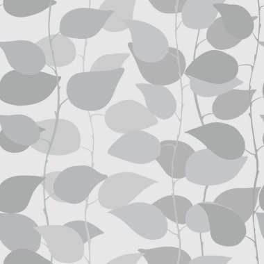 Yaprakların gri dalları dikey olarak kıvrılır. Elle çizilmiş bitmeyen desen. Yaprak siluetleriyle klasik tarzda çiçeksiz süsler. Tekstil ve duvar kağıtları için vektör illüstrasyonu.