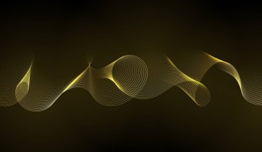 Dinamik dalgalarla soyut bir arkaplan. Altın çizgileri olan siyah, şık bir duvar kağıdı. Tasarım için stilize eleman. Vektör illüstrasyonu.