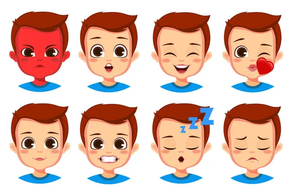 Lindo Chico Facial Expresión Conjunto — Vector de stock