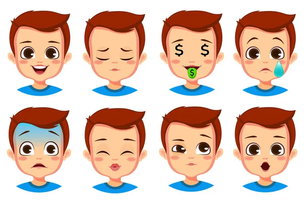 Lindo Chico Facial Expresión Conjunto — Vector de stock