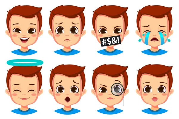 Lindo Chico Facial Expresión Conjunto — Vector de stock