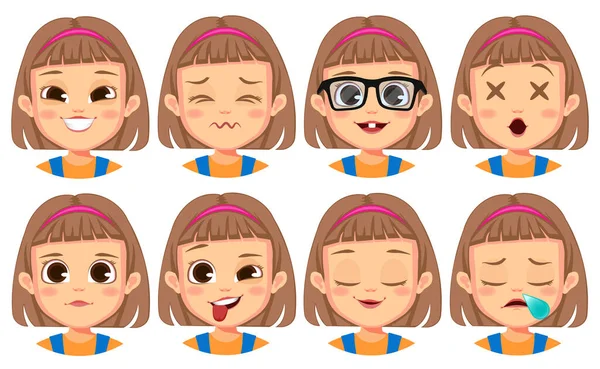 Gestos Faciais Menina Definir Vector —  Vetores de Stock