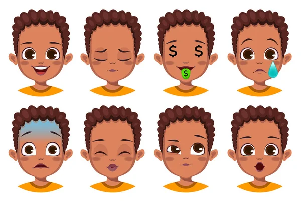 Lindo Africano Chico Con Diferente Facial Expresión Conjunto — Vector de stock