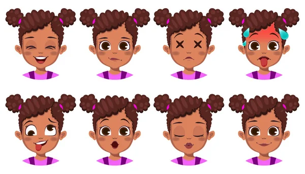 Menina Africana Bonito Com Conjunto Expressão Facial Diferente —  Vetores de Stock