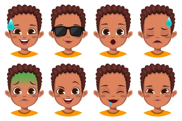 Mignon Garçon Africain Avec Différents Ensemble Expression Faciale — Image vectorielle