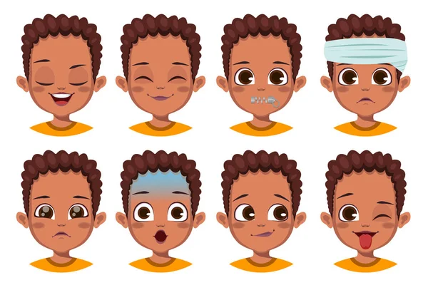 Söt Afrikansk Pojke Med Olika Ansiktsuttryck Set — Stock vektor