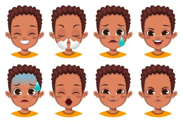 Lindo Africano Chico Con Diferente Facial Expresión Conjunto — Vector de stock