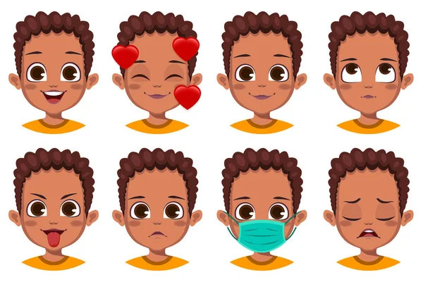 Menino Africano Bonito Com Conjunto Expressão Facial Diferente —  Vetores de Stock