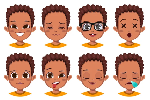 Menino Africano Bonito Com Conjunto Expressão Facial Diferente —  Vetores de Stock