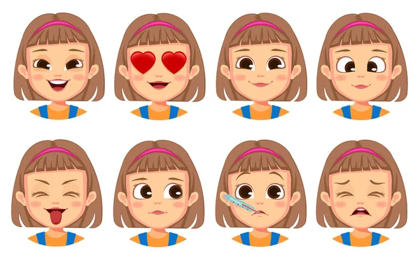 Gestos Faciais Menina Definir Vector —  Vetores de Stock