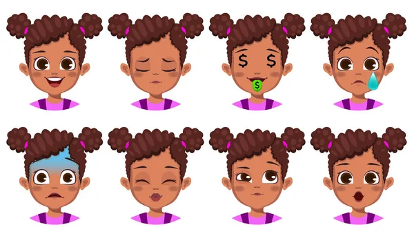 Söt Afrikansk Flicka Med Olika Ansiktsuttryck Set — Stock vektor