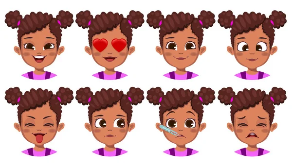 Roztomilý Africký Dívka Odlišným Výrazem Obličeje Set — Stockový vektor