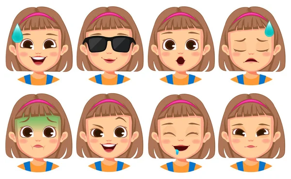 Gestos Faciais Menina Definir Vector —  Vetores de Stock